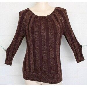 Joseph A. Large Copper Metallic Round Neck Ribbed Knit 3/4 Sleeve Top
